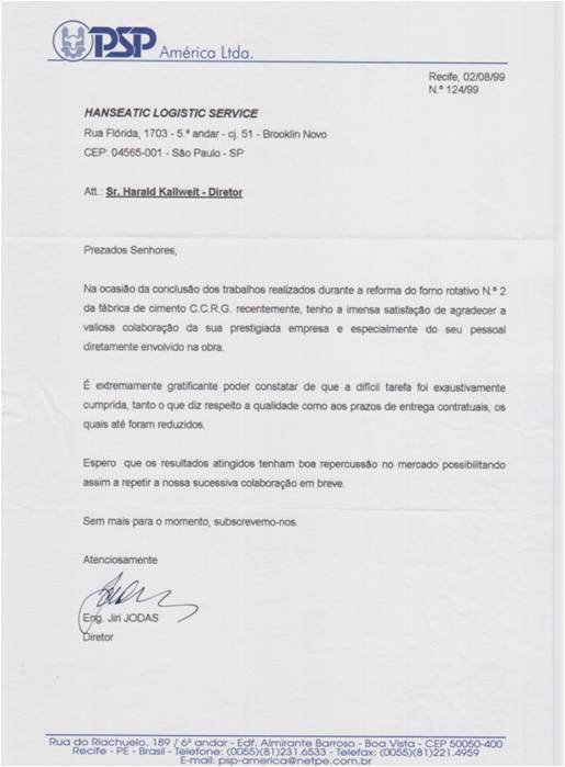 Referenzschreiben vom Zementkonzern PSP